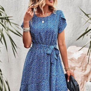 Devine Belted Round Neck Petal Sleeve Mini Dress